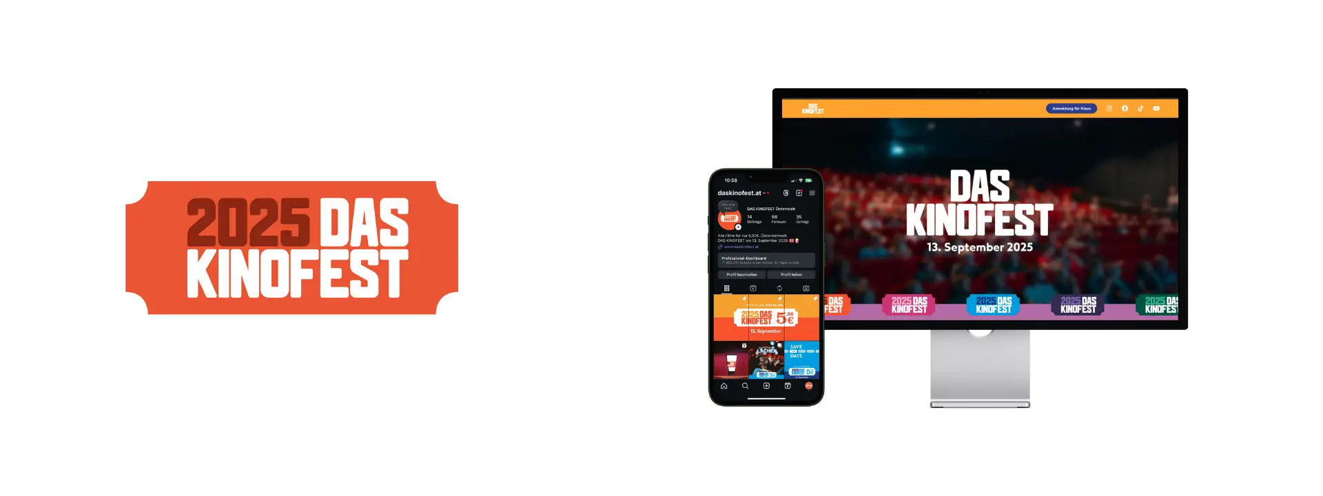 Kachel zeigt das Logo des Kinofest 2025 und einen Monitor & ein Smartphone mit der Kinofest2025 Website.