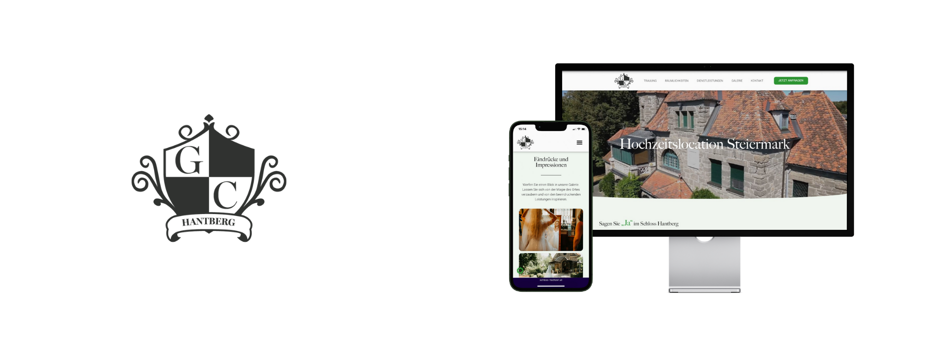 Kachel mit Green Castle Hantberg Logo & Monitor sowie Smartphone welche die Website des Schloss Hantberg zeigen