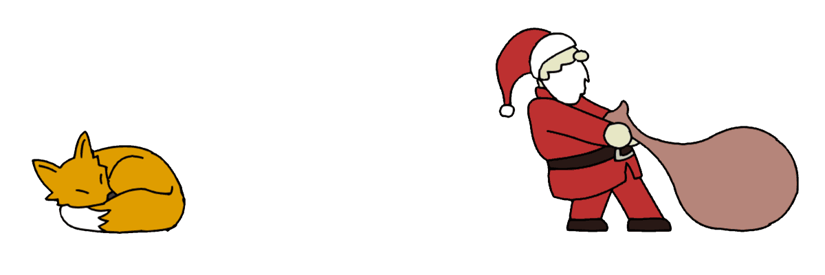 Weihnachtsmann zieht einen schweren Geschenkesack und dann aufreißt. Der Tomult weckt einen schlafenden Fuchs aus seinem Schlaf.