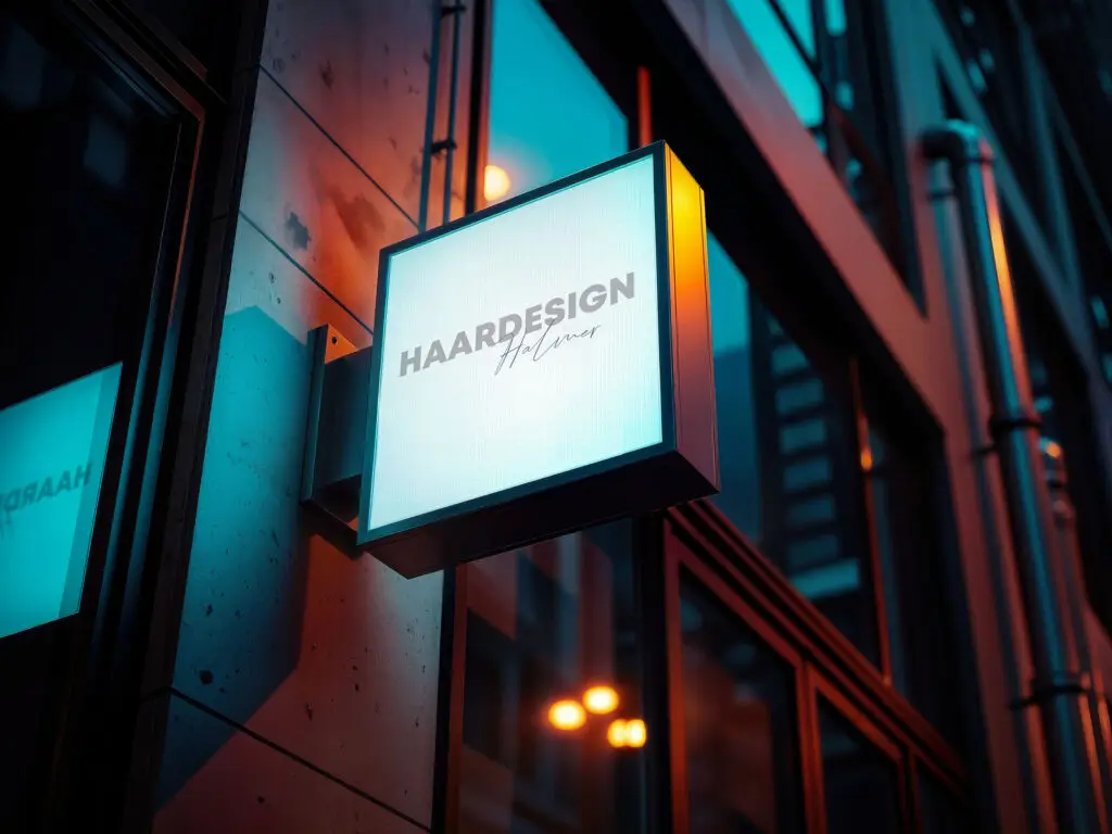 Leuchttafel in abendlicher Lichtstimmung mit dem Logo Haardesign Halmer