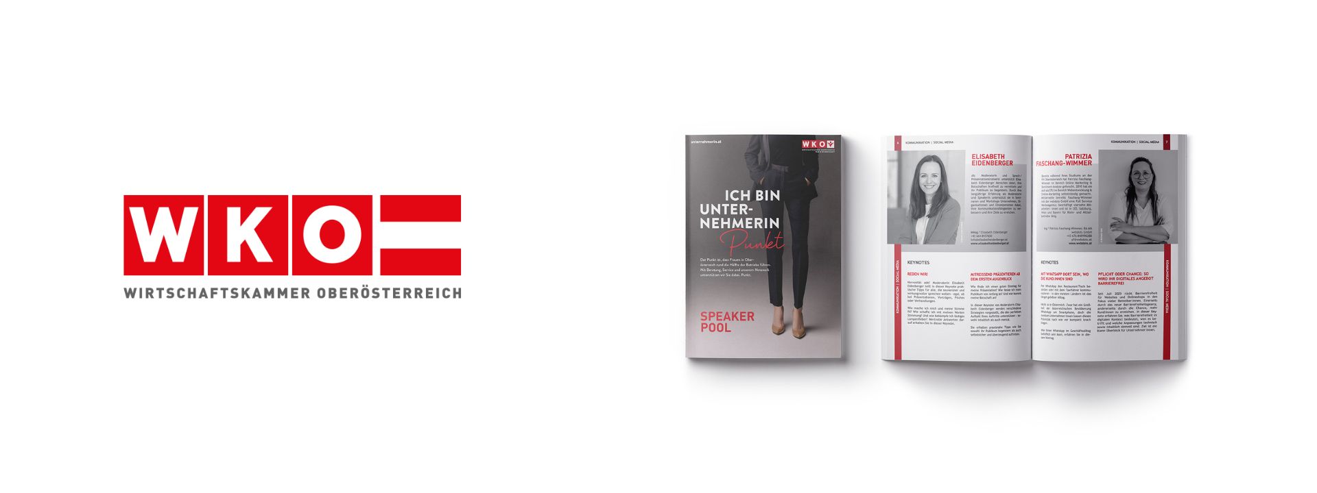 Darstellung des WKO-Oberösterreich-Logos neben einer geschlossenen und geöffneten Broschüre zum Thema „Ich bin Unternehmerin Punkt“, inklusive Portraitseiten und Textabschnitten des Speaker-Pools.