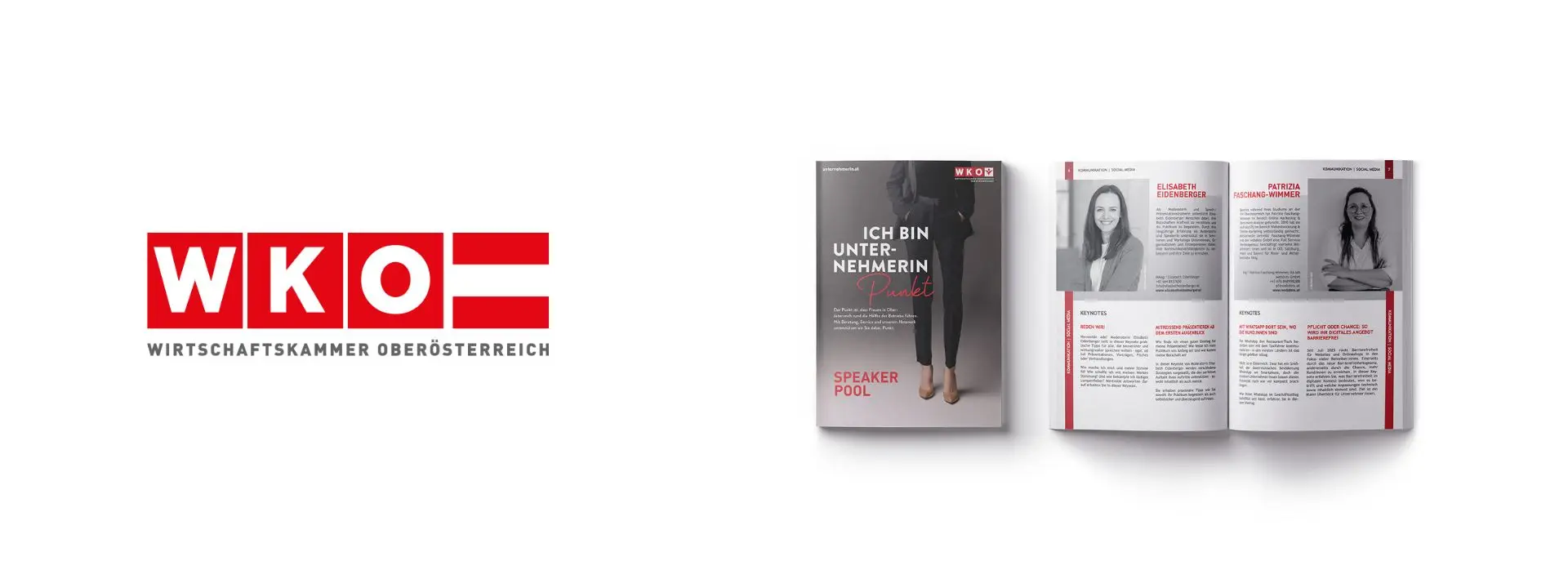Darstellung des WKO-Oberösterreich-Logos neben einer geschlossenen und geöffneten Broschüre zum Thema „Ich bin Unternehmerin Punkt“, inklusive Portraitseiten und Textabschnitten des Speaker-Pools.