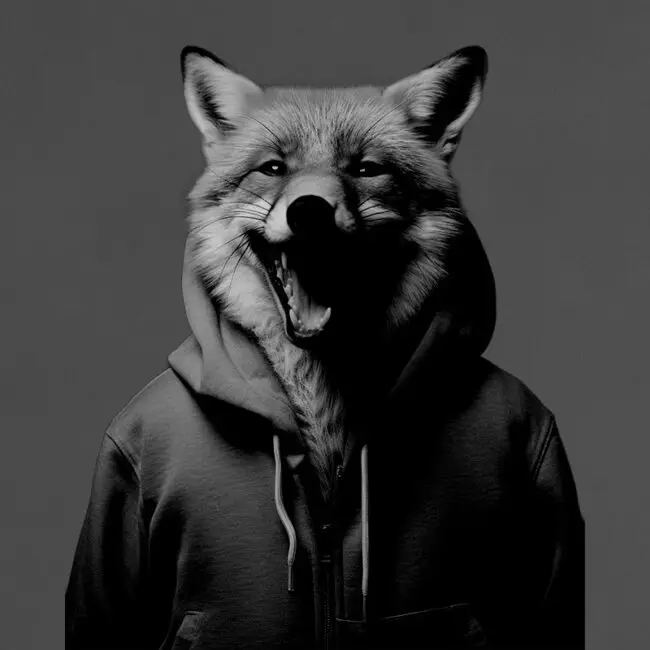 Ein stilisiertes, schwarz-weißes Porträt eines Fuchses, der einen Hoodie trägt und mit geöffnetem Maul in die Kamera blickt.